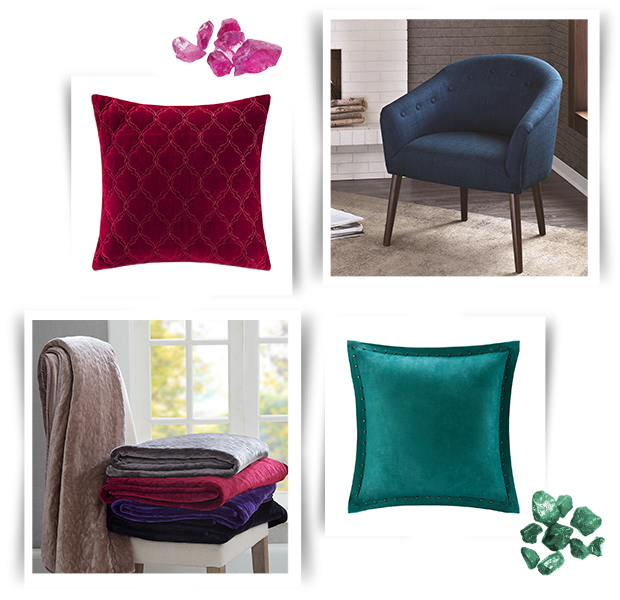 Collage of decorative pillows, throws, and accent chairs